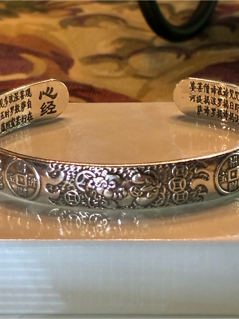 Sterling Silver Open Cuff Bracelet with Chinese Coin & Script Detailing